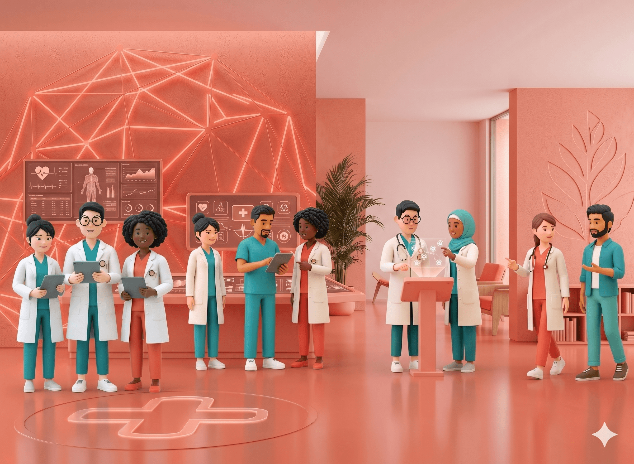 Doctors collaborating around a data podium