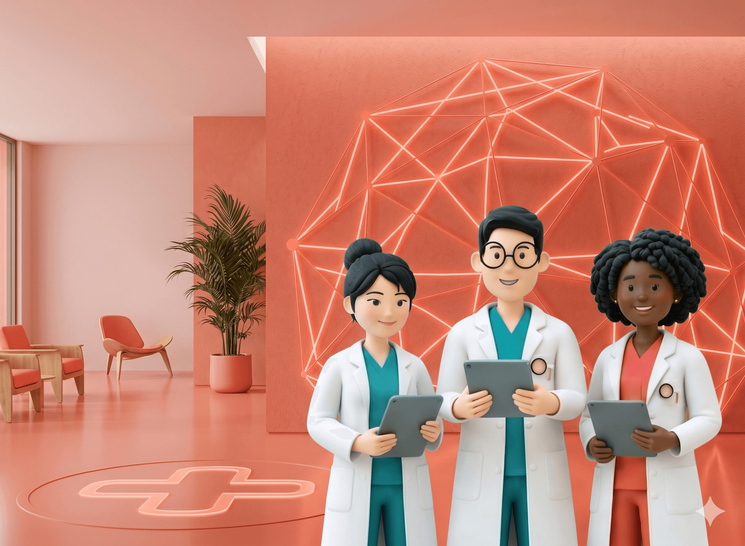 Three doctors reviewing patient data on tablets